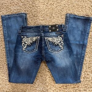 Miss Me Dark Blue Boot Cut Jeans with Wing Embroidery Women’s 28